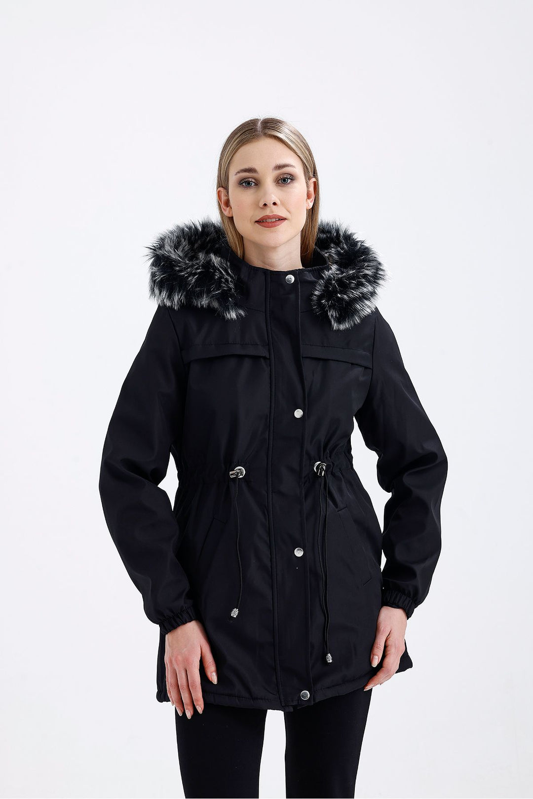 SNS Sense Black-Beige Fur Hooded Belted Elastic Cuffed Pocketed Snap Fastened Coat - Addison