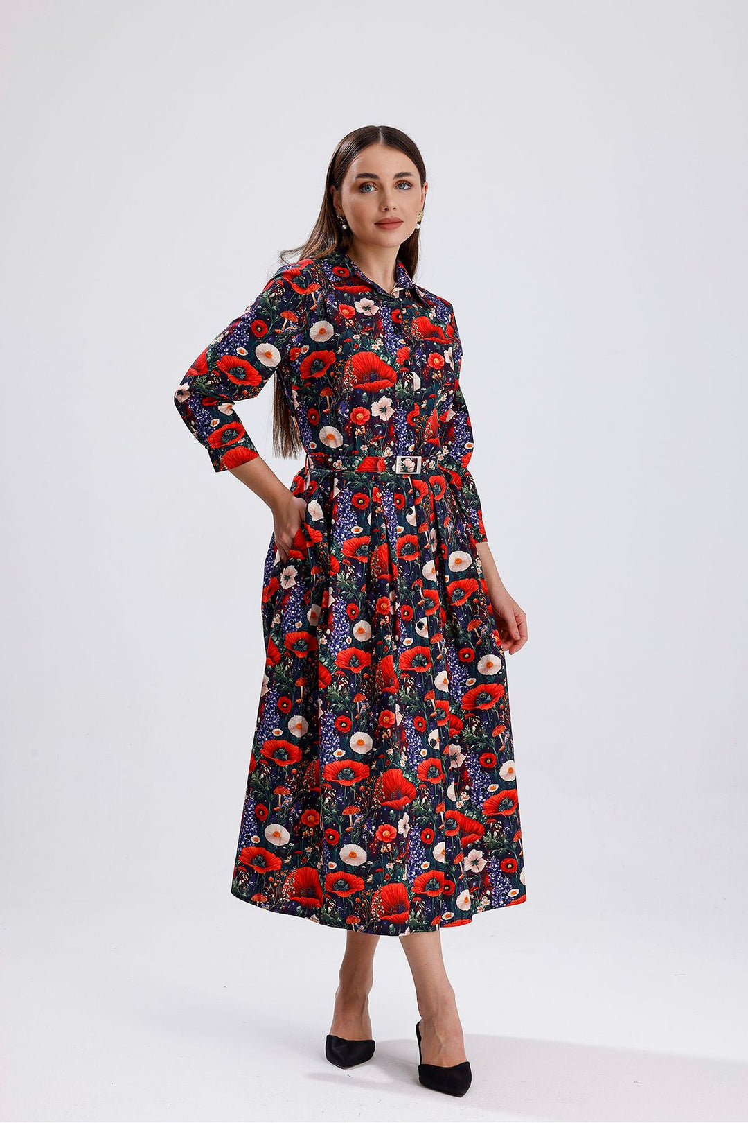 SNS Sense Flower Patterned Side Pocketed Belted Front Buttoned Long Dress - Lake Havasu City