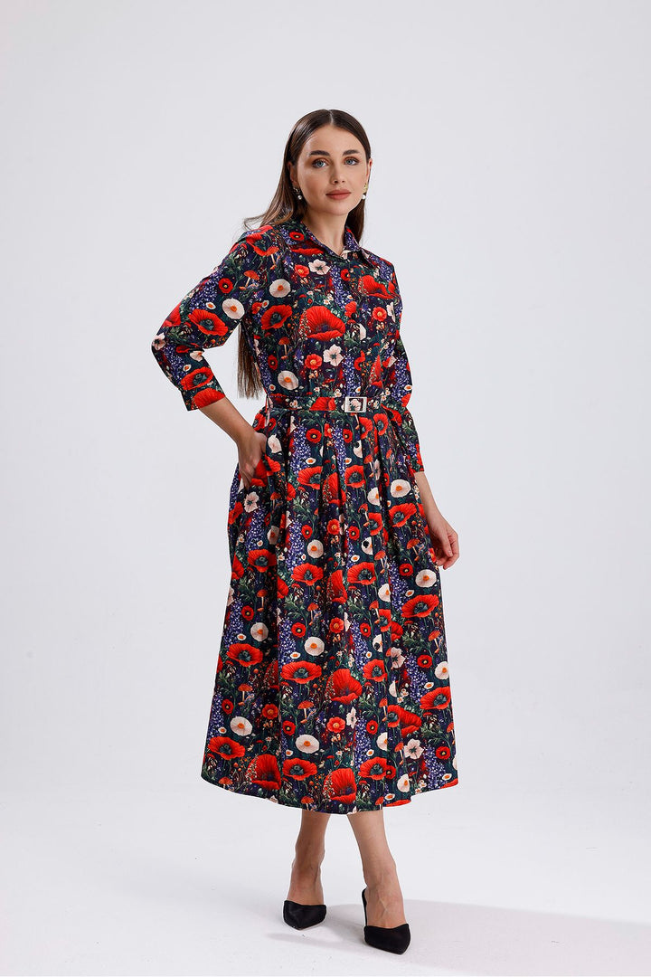 SNS Sense Flower Patterned Side Pocketed Belted Front Buttoned Long Dress - Lake Havasu City