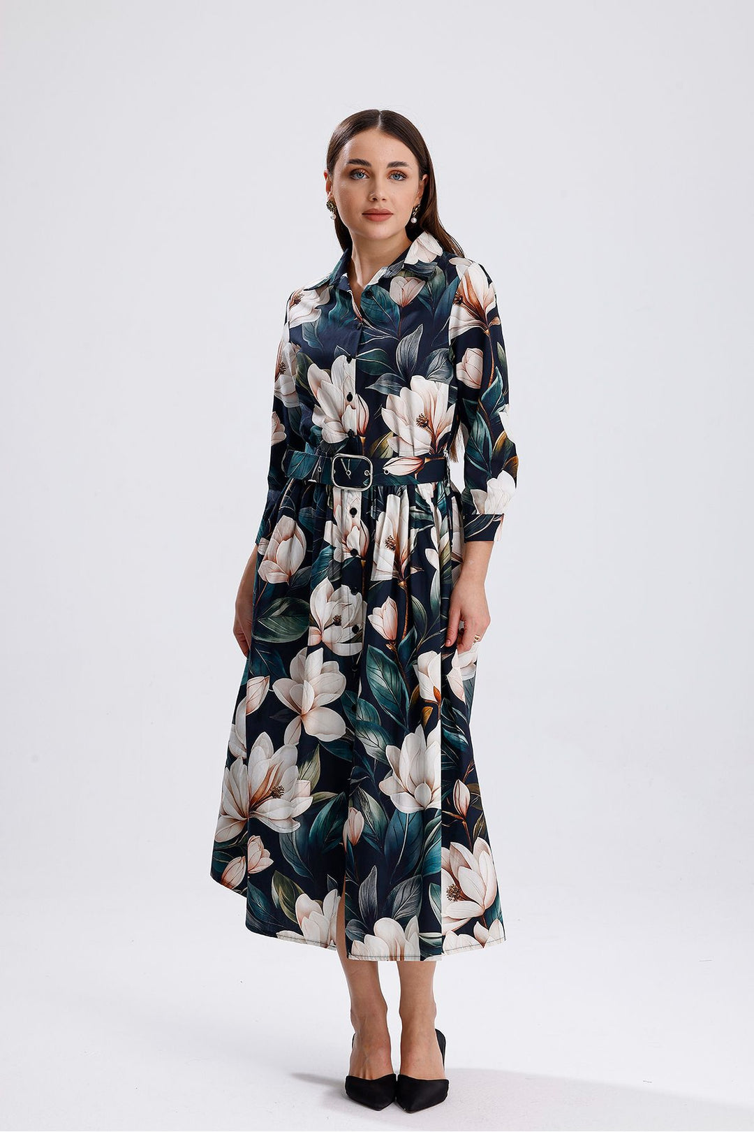 SNS White Flowered Green Ground White Flowered Front Buttoned Long Dress - Mieres