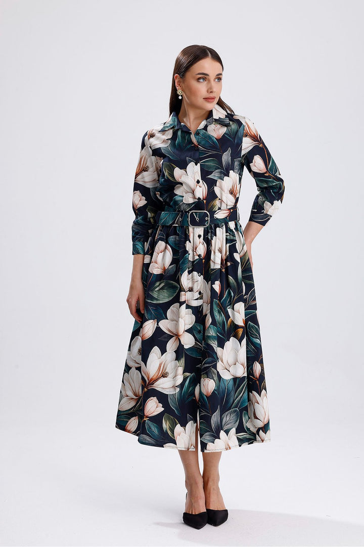 SNS White Flowered Green Ground White Flowered Front Buttoned Long Dress - Mieres