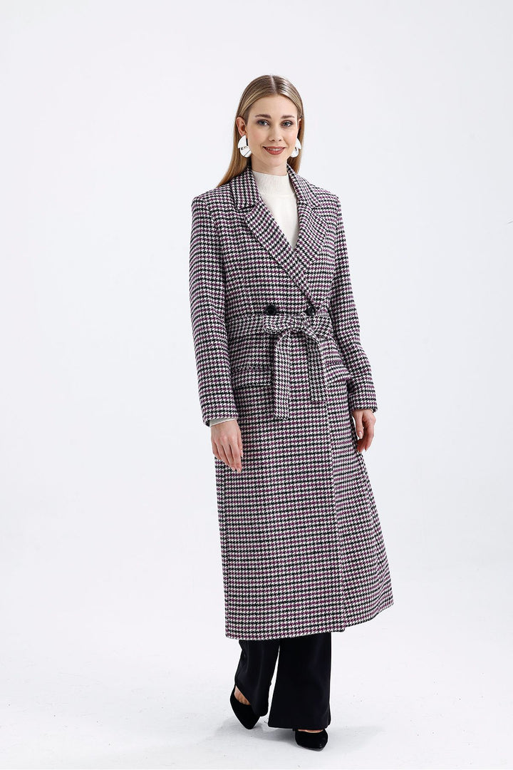 SNS Black Purple Goose Foot Lined Front Buttoned Belted Goose Foot Long Coat - Meaux