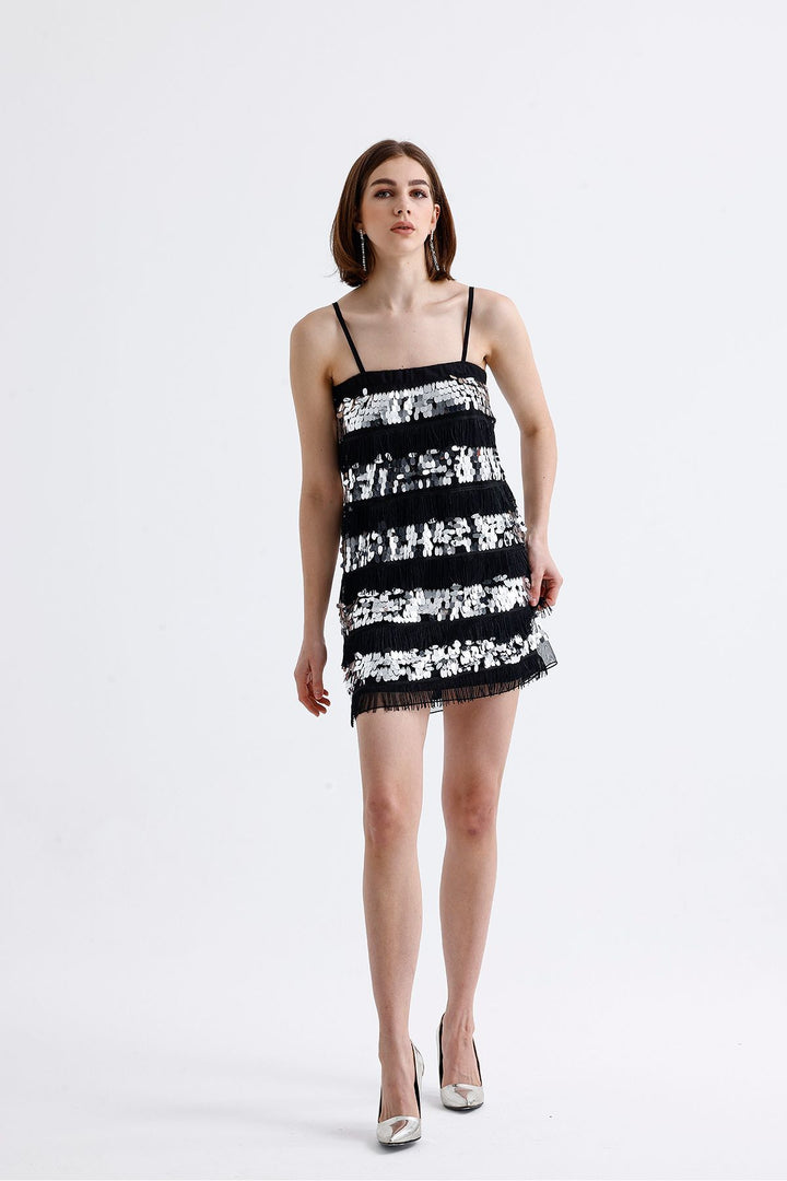 SNS Sense Black Lined Sequined Strappy Evening Dress - Pátzcuaro