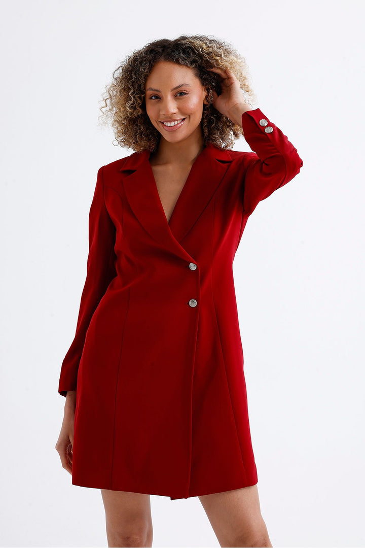 SNS Burgundy Lined Front And Sleeves Metal Buttoned Adriana Jacket Dress - Monrovia