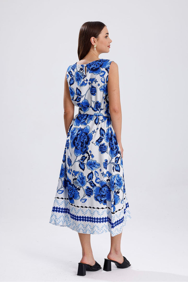 SNS Sense Blue Patterned Belted Collar Back Buttoned Sleeveless Woven Viscose Dress - Siegburg
