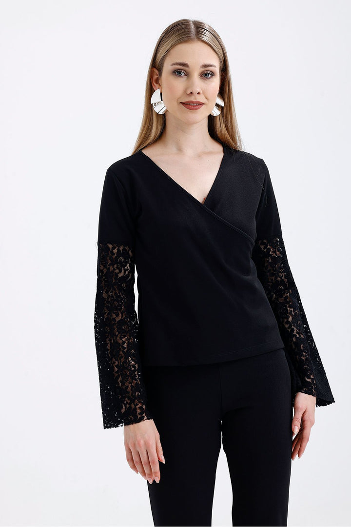 SNS Black Wrap Neck Collar Sleeves Tulle and Ruffled Open Shoulder Blouse - Denton