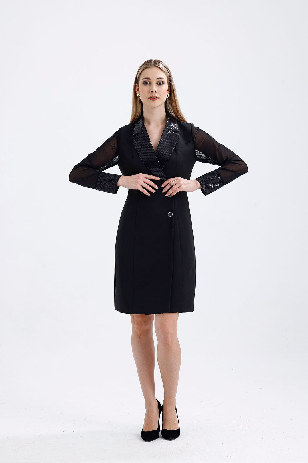 SNS Sense Black Sequin Detailed Evening Jacket Dress - Meridian