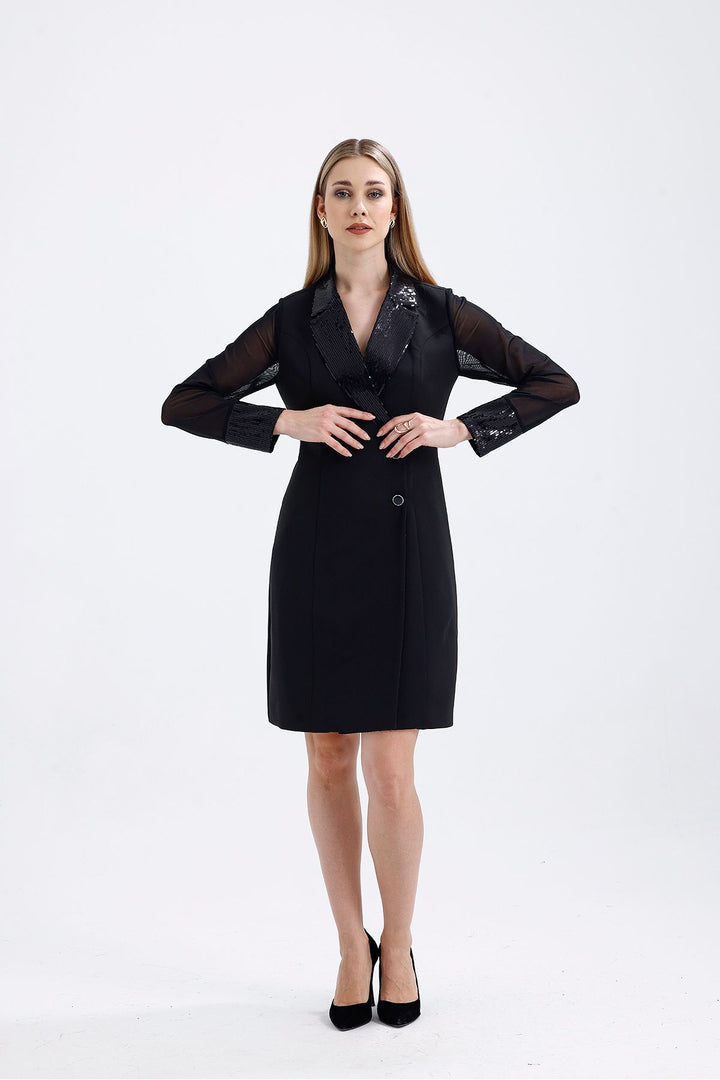 SNS Sense Black Sequin Detailed Evening Jacket Dress - Meridian