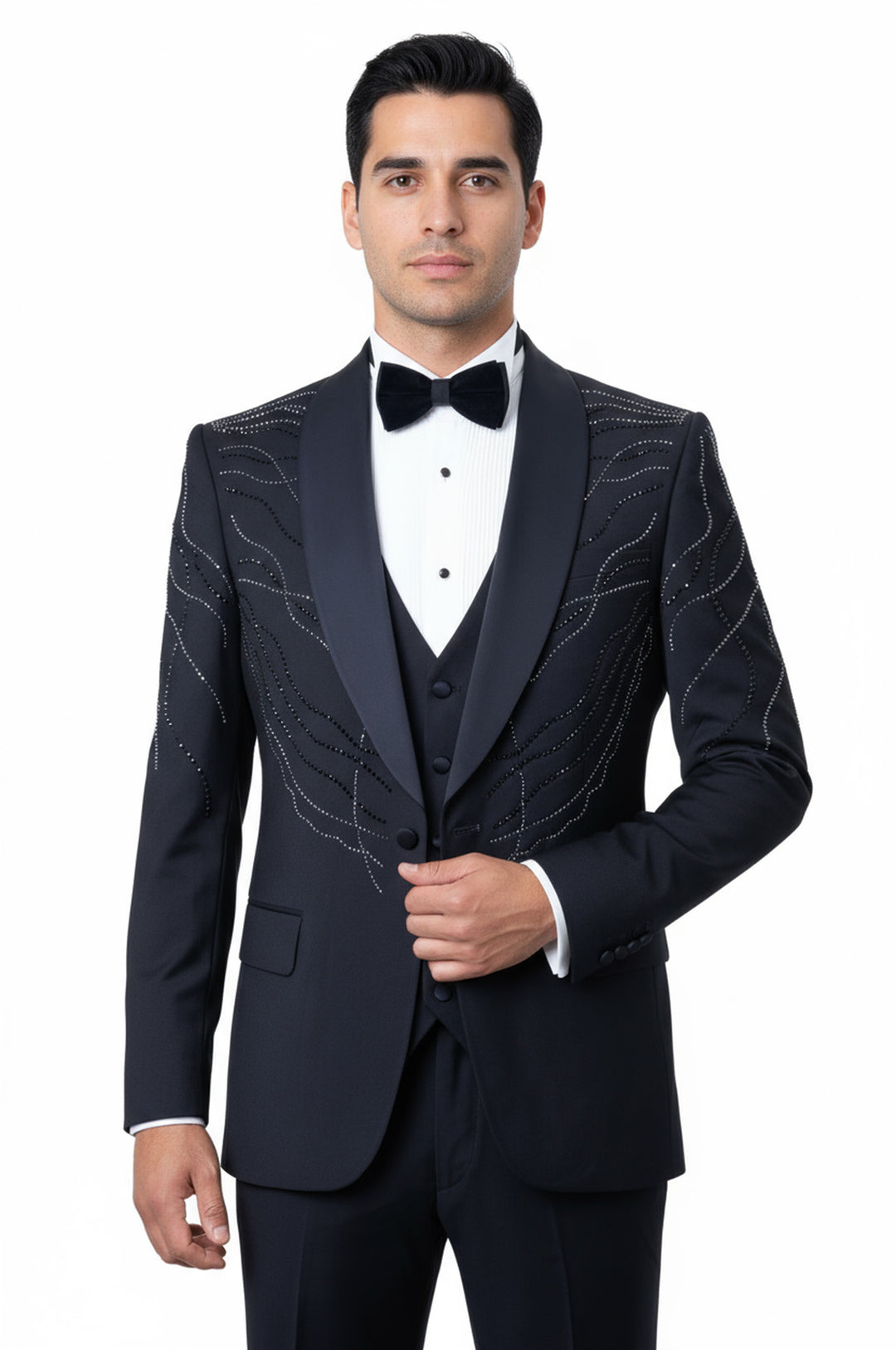 Rili25 - Navy Crystal Detailed Men’s 3-Piece Tuxedo – Venice