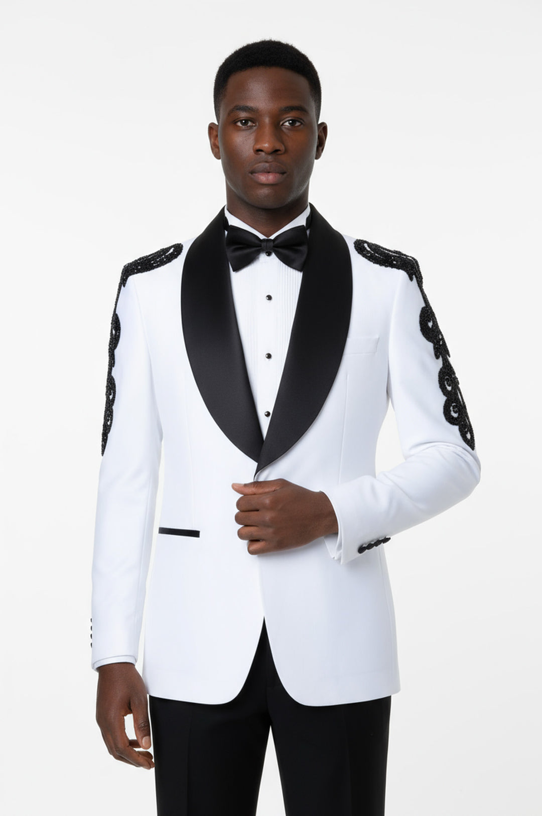 Rili25 - White Black Embroidered Shoulder Men’s Tuxedo Set – Barcelona