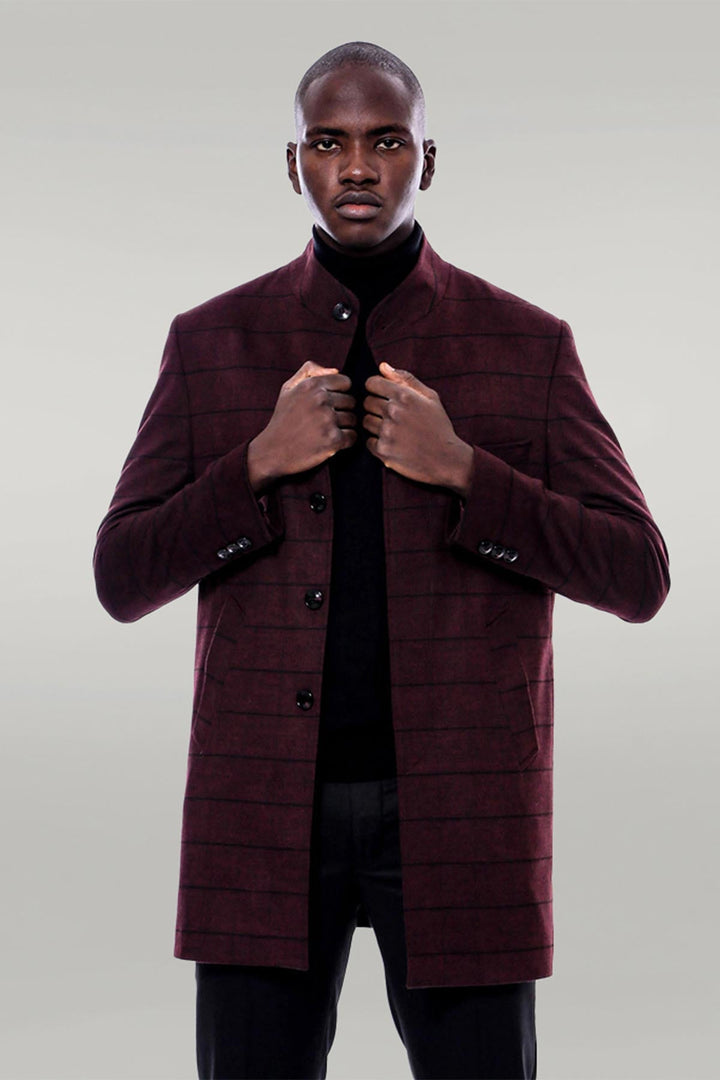 WSS Mandarin Collar Burgundy Checked Coat  - Tulare