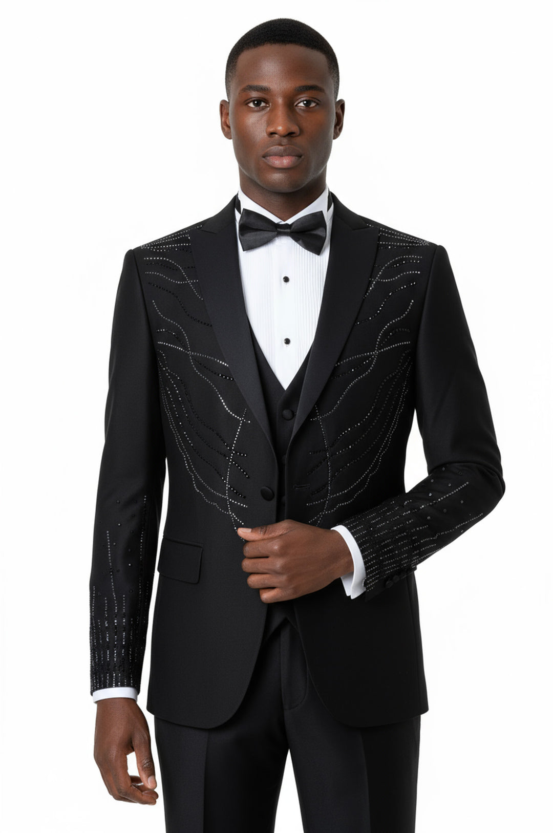 Rili25 - Black Rhinestone Embellished 3-Piece Tuxedo – Monaco