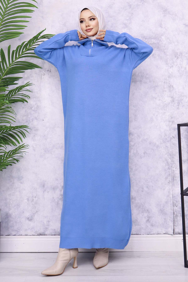 BNG Women Blue Knitted Dress with Zipper Collar - Keller