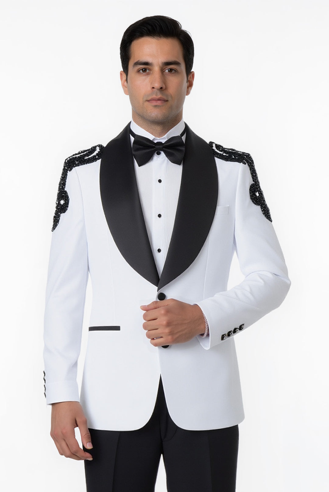 Rili25 - White Black Beaded Shoulder Men’s Tuxedo Set – Florence