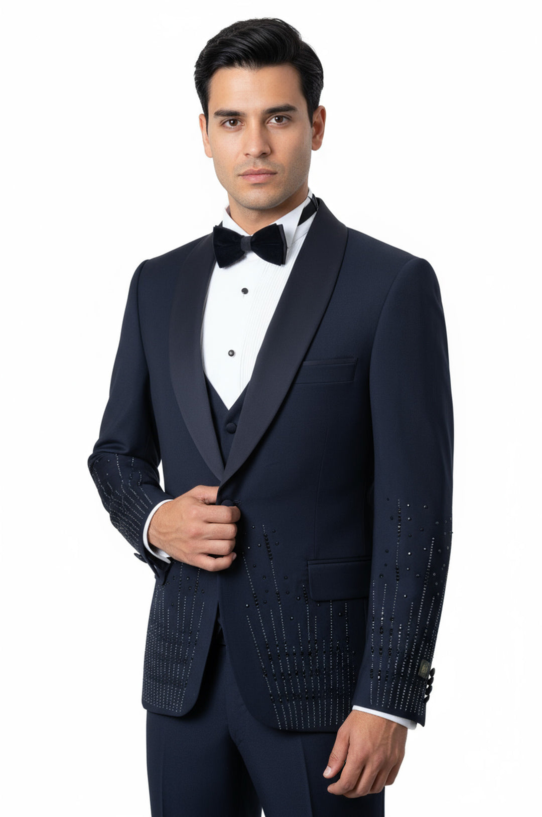 Rili25 - Navy Rhinestone Detailed Men’s 3-Piece Suit – Madrid