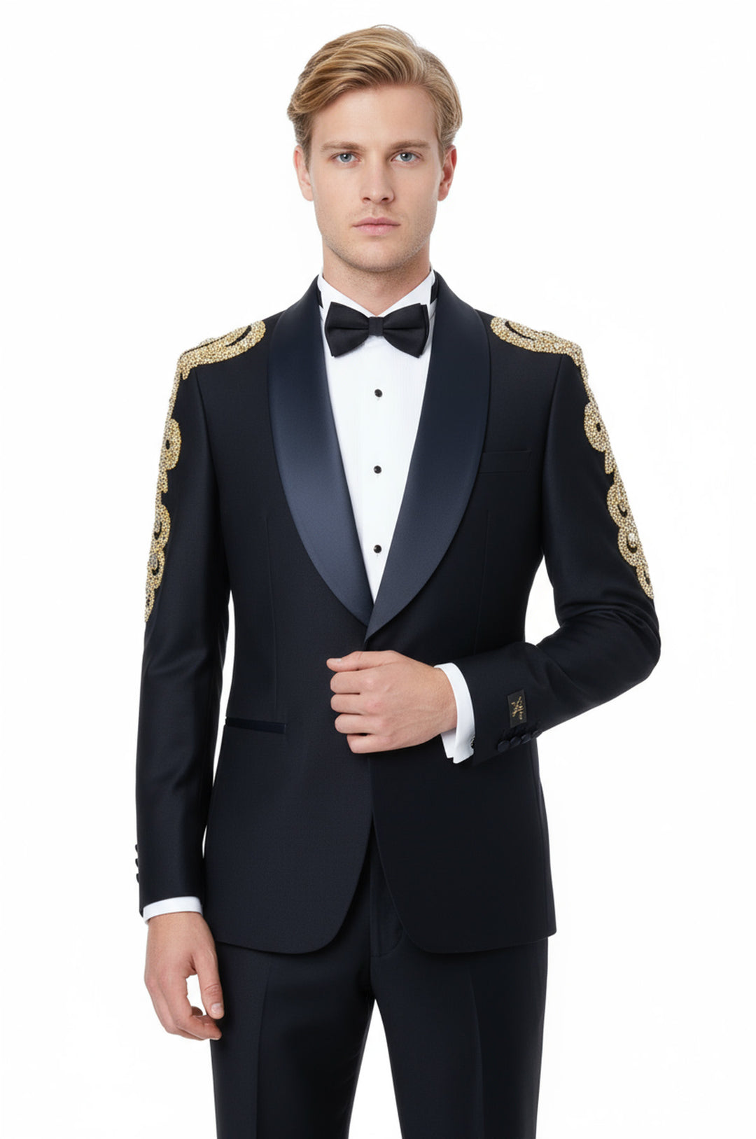 Rili25 - Navy Gold Embroidered Shoulder Men’s Tuxedo Set – Milan