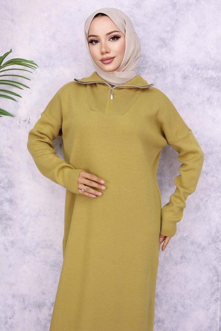 BNG Women Zippered Collar Knit Dress Olive Green - Oradea