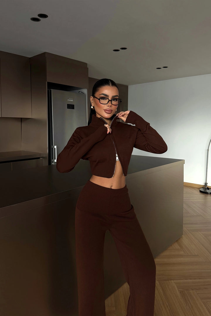 EYY Women Brown Zippered Knitwear Suit - Titusville