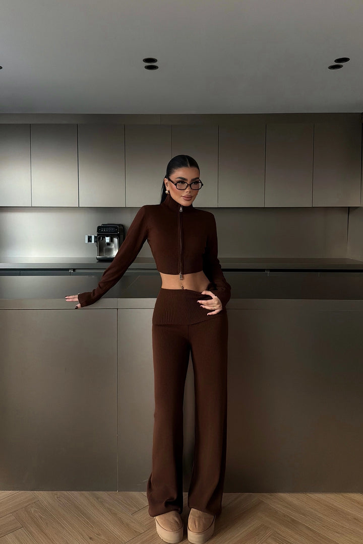 EYY Women Brown Zippered Knitwear Suit - Titusville