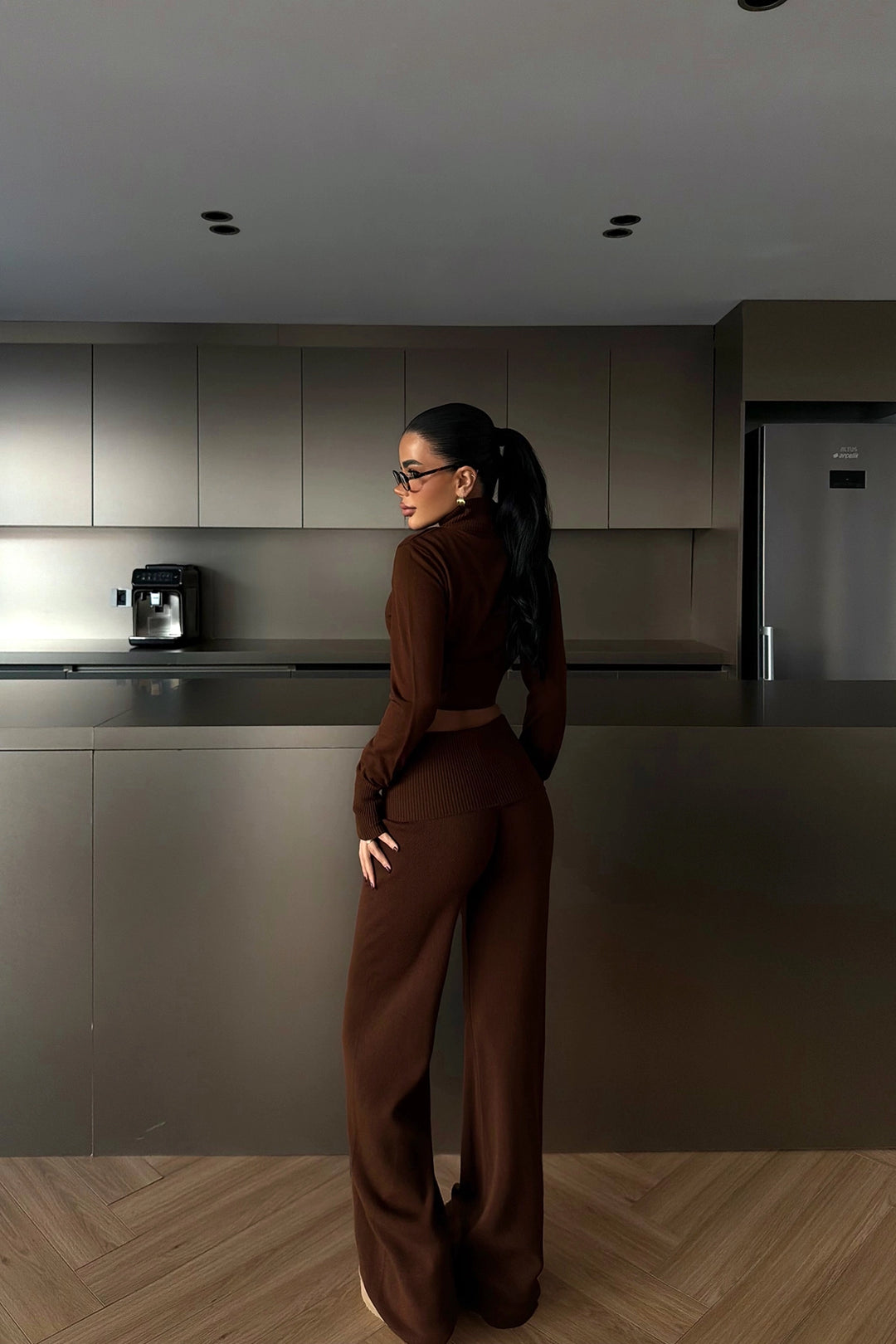 EYY Women Brown Zippered Knitwear Suit - Titusville