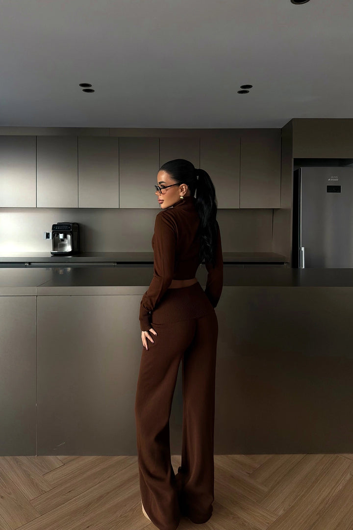 EYY Women Brown Zippered Knitwear Suit - Titusville