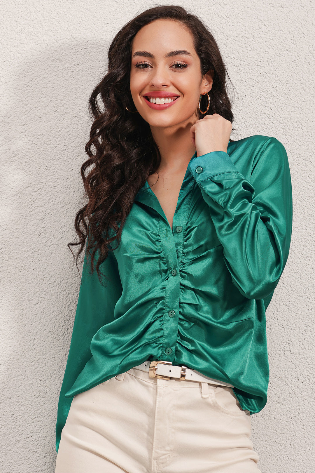 BGD Women Ruffled Satin Shirt - Olive Green - Gallarate