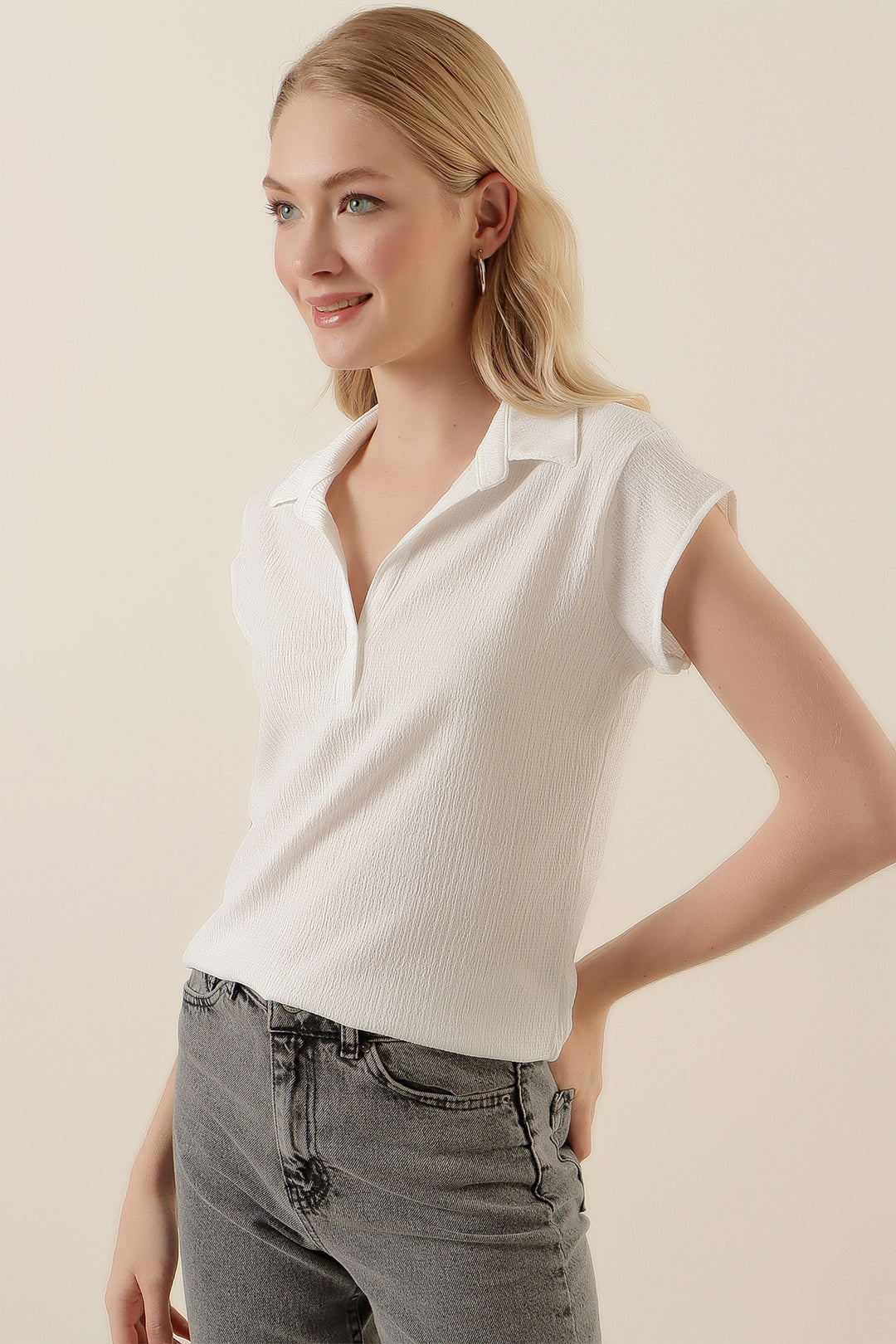 BGD Women Polo Neck Knit Blouse - White - Brentwood
