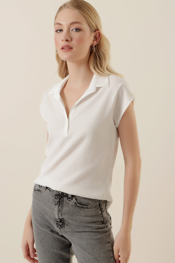 BGD Women Polo Neck Knit Blouse - White - Brentwood