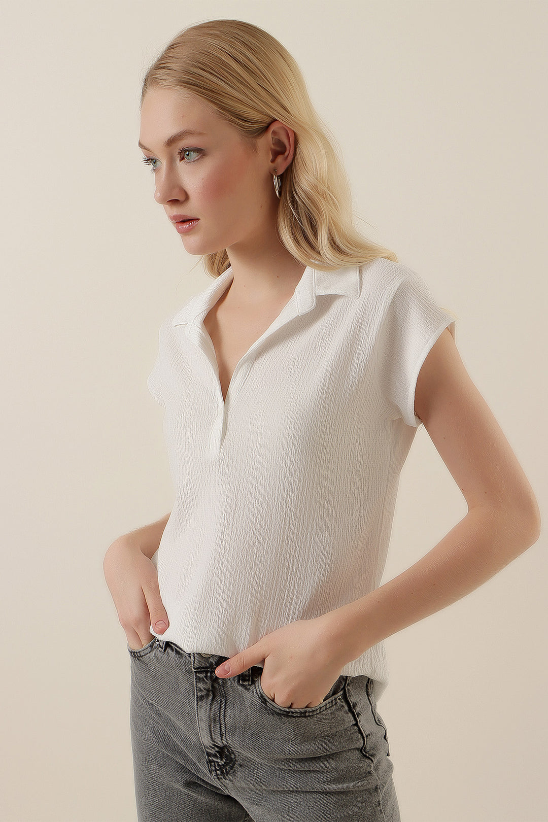 BGD Women Polo Neck Knit Blouse - White - Brentwood