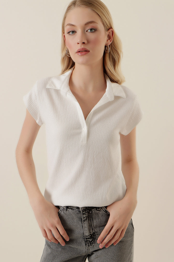 BGD Women Polo Neck Knit Blouse - White - Brentwood