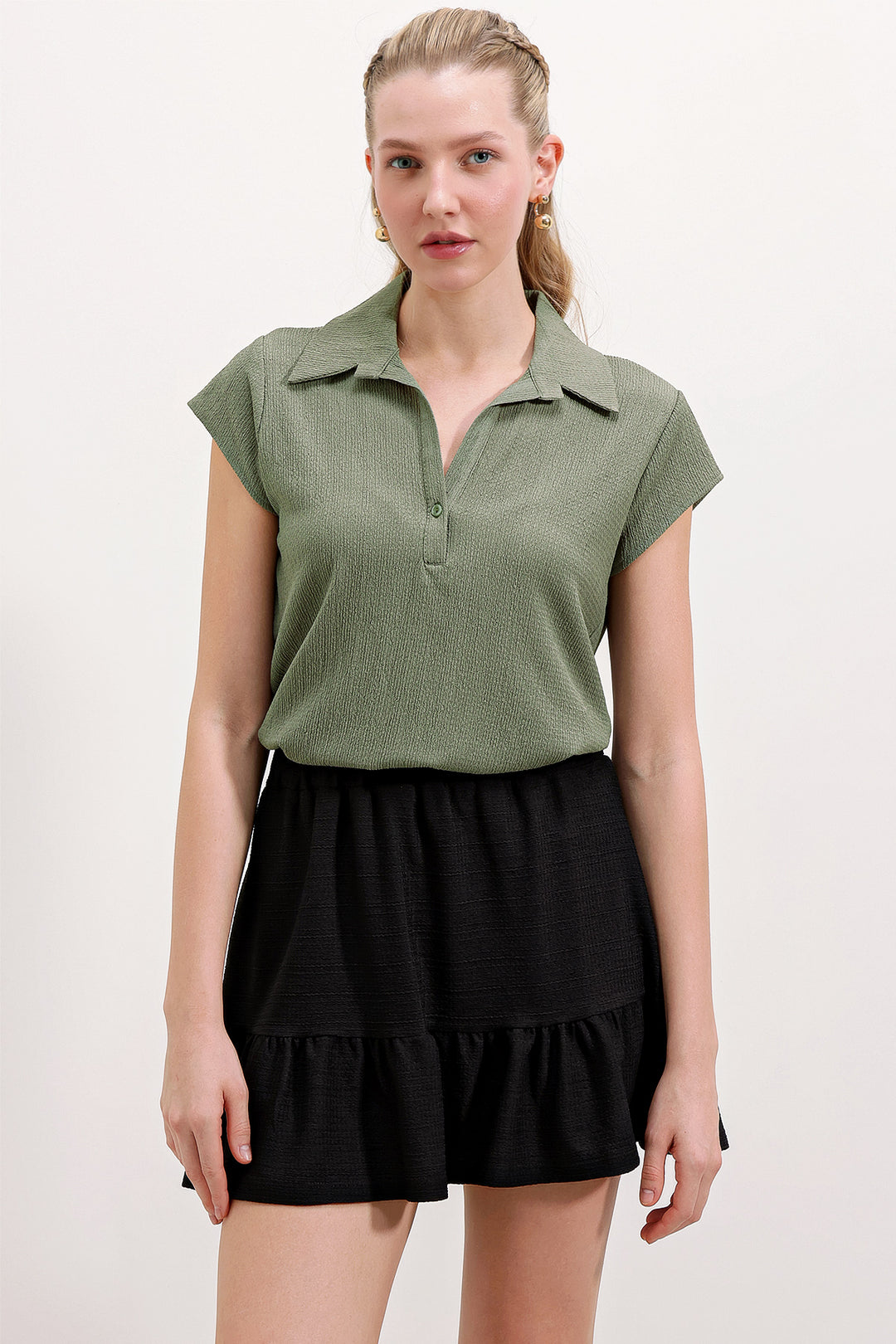 BGD Women Polo Yaka Örme Bluz - Haki - Ferizaj