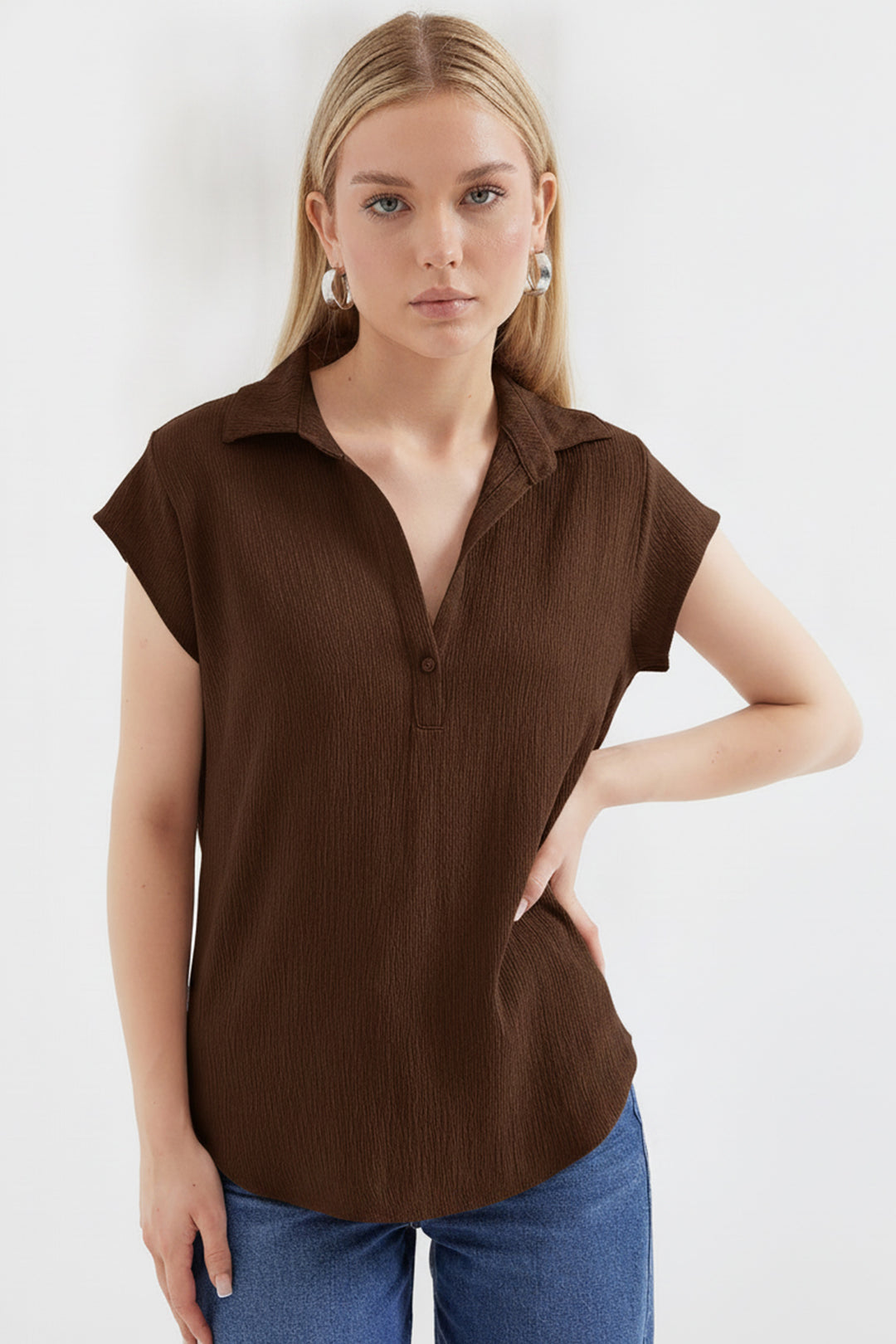 BGD Women Polo Yaka Örme Bluz - Kahverengi - St. Joseph