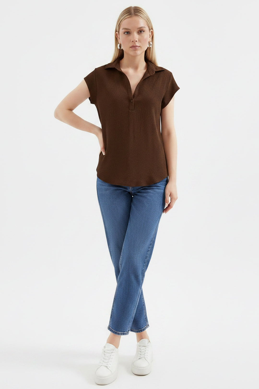 BGD Women Polo Yaka Örme Bluz - Kahverengi - St. Joseph