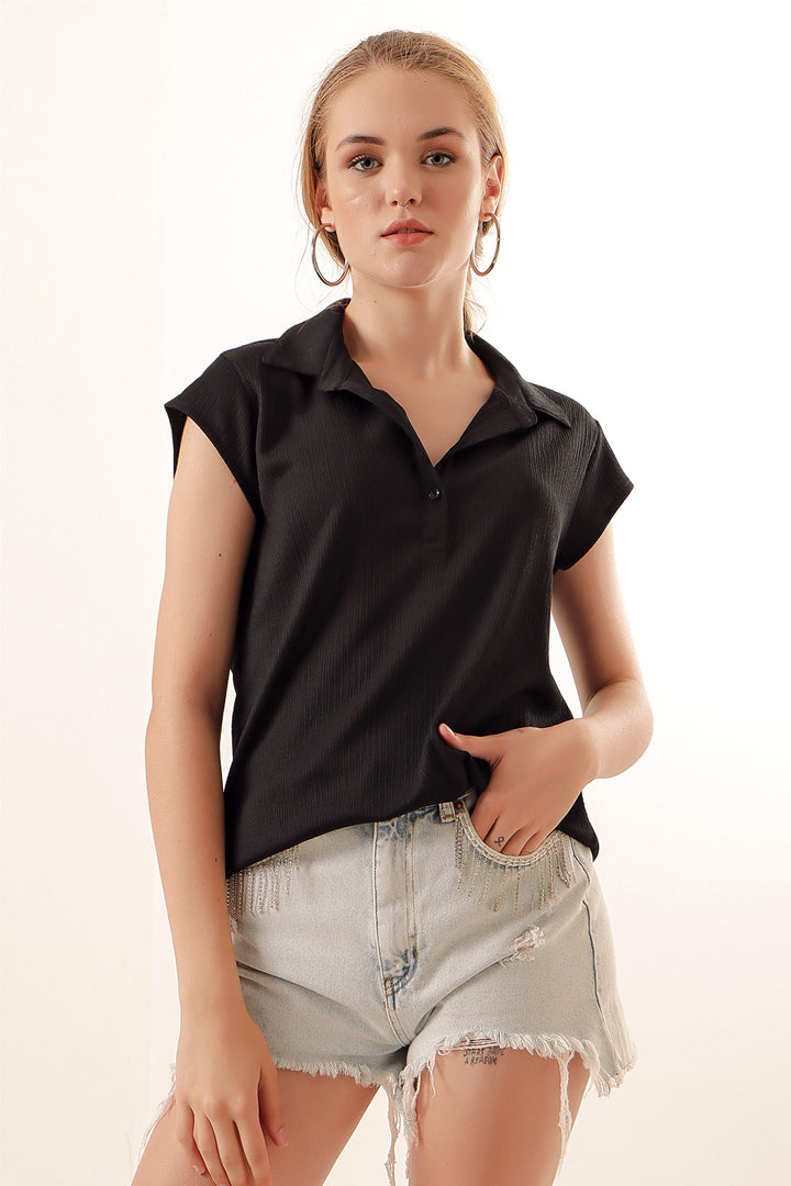 BGD Women Polo Neck Knit Blouse - Black - Avondale