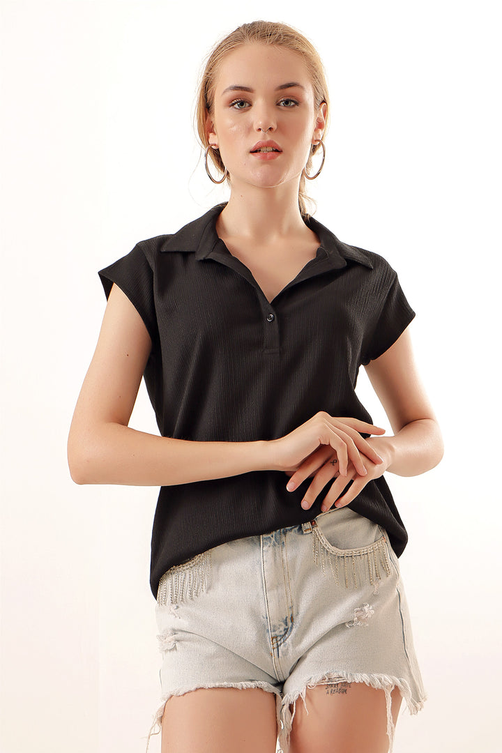 BGD Women Polo Neck Knit Blouse - Black - Avondale