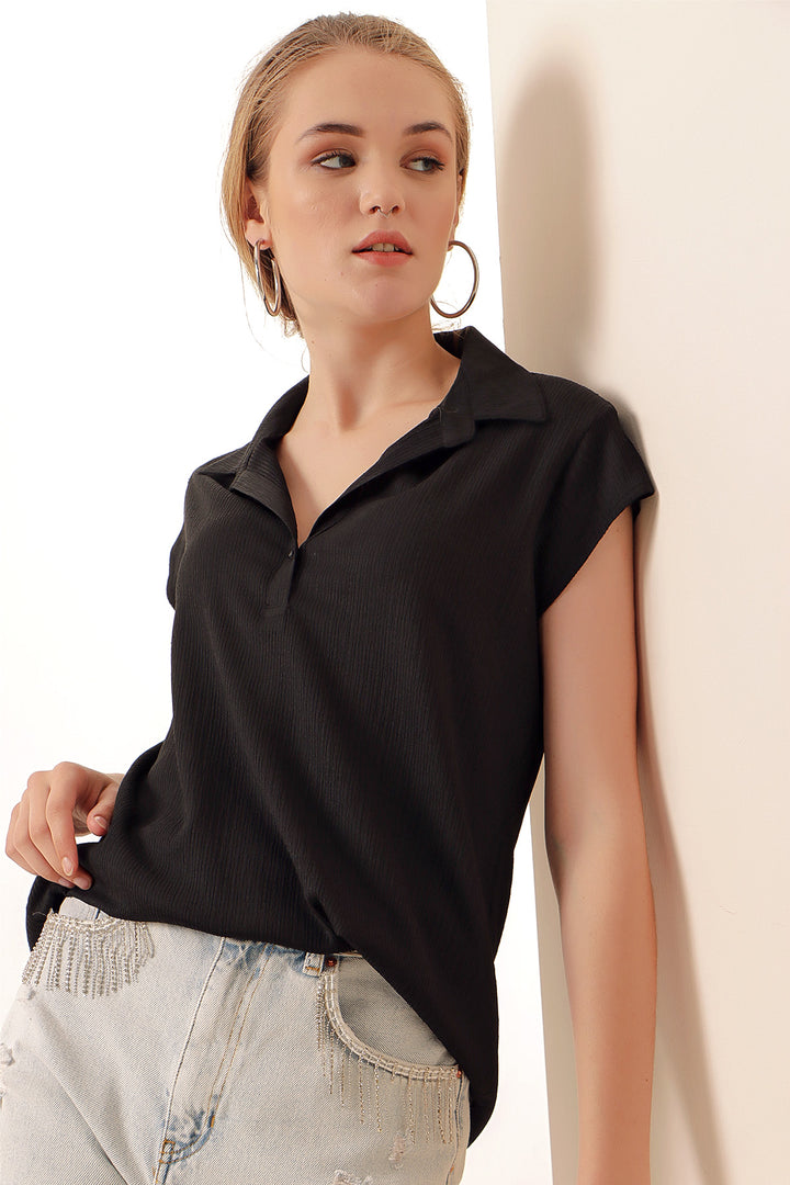 BGD Women Polo Neck Knit Blouse - Black - Avondale