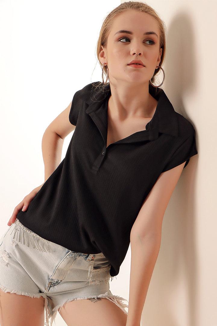 BGD Women Polo Neck Knit Blouse - Black - Avondale