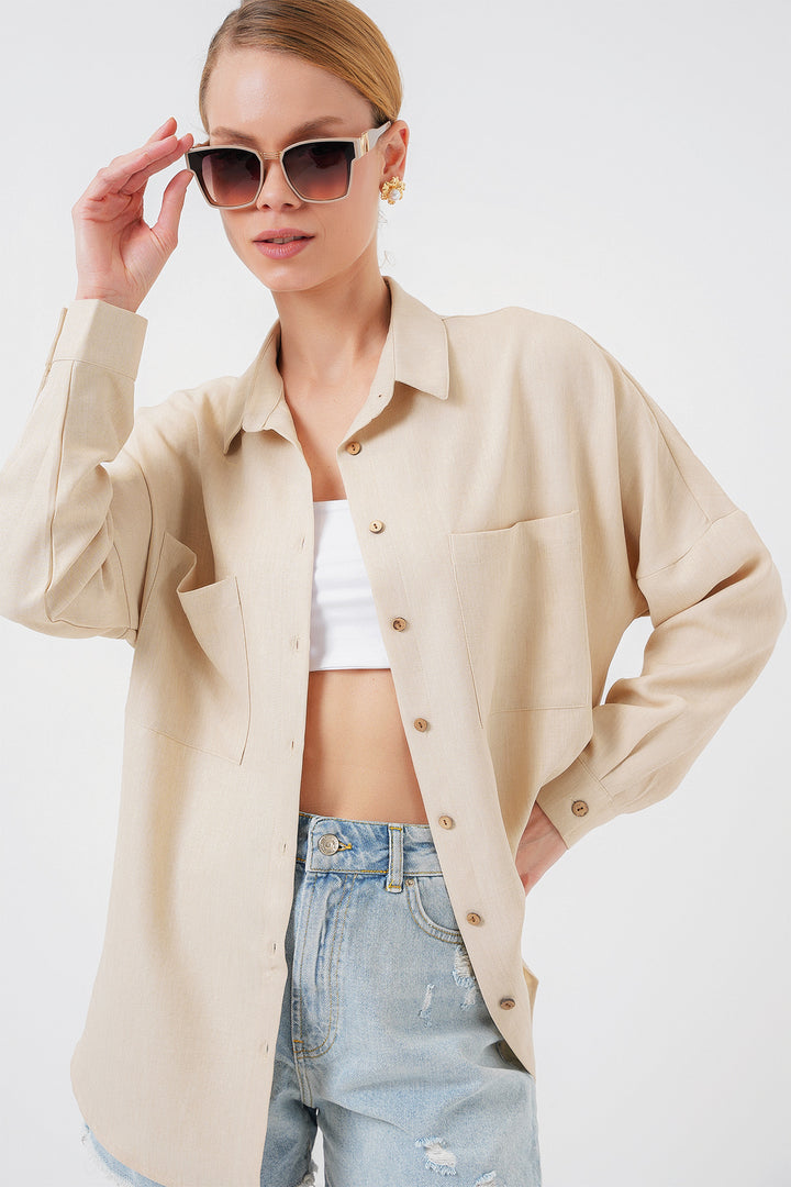BGD Women Oversized Linen Shirt - Beige - Willenhall