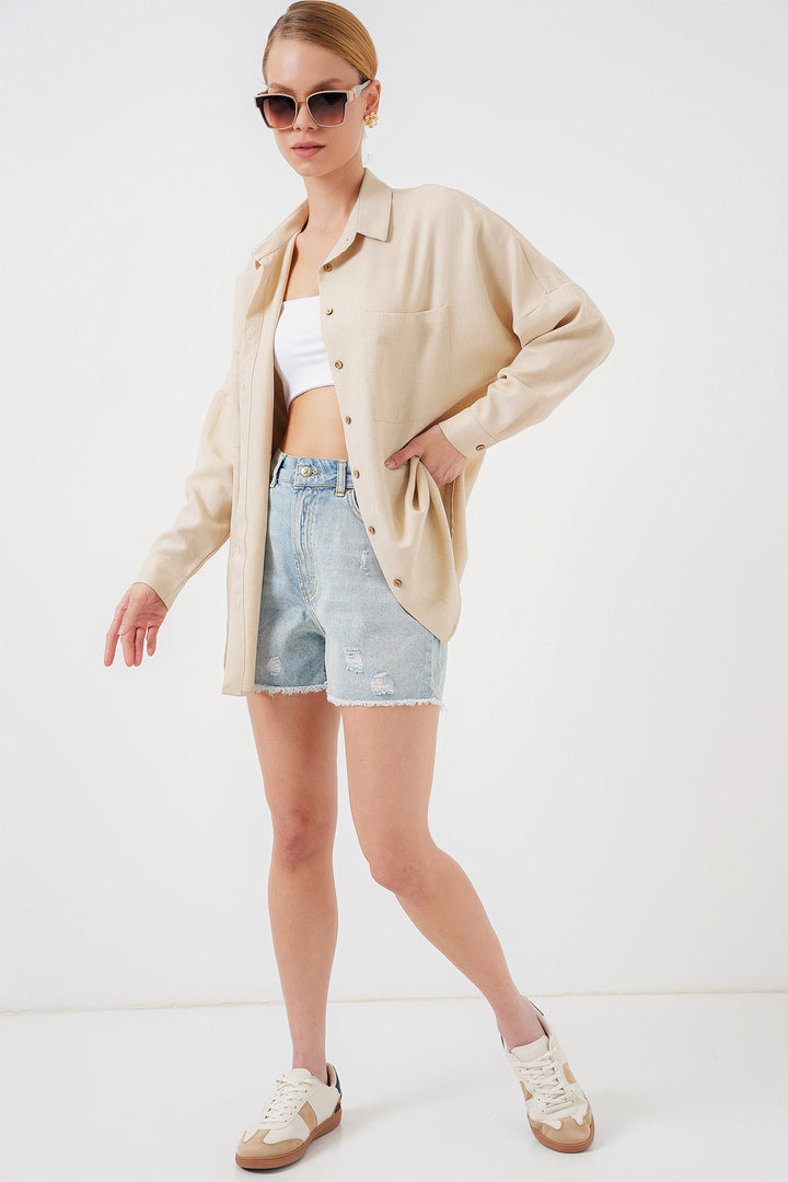 BGD Women Oversized Linen Shirt - Beige - Willenhall