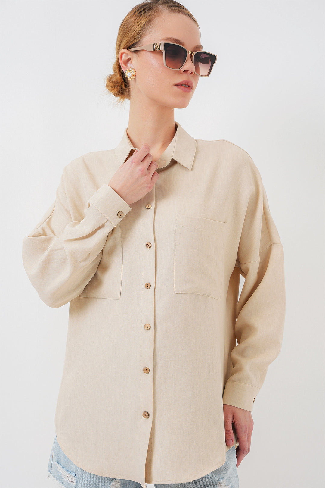 BGD Women Oversized Linen Shirt - Beige - Willenhall