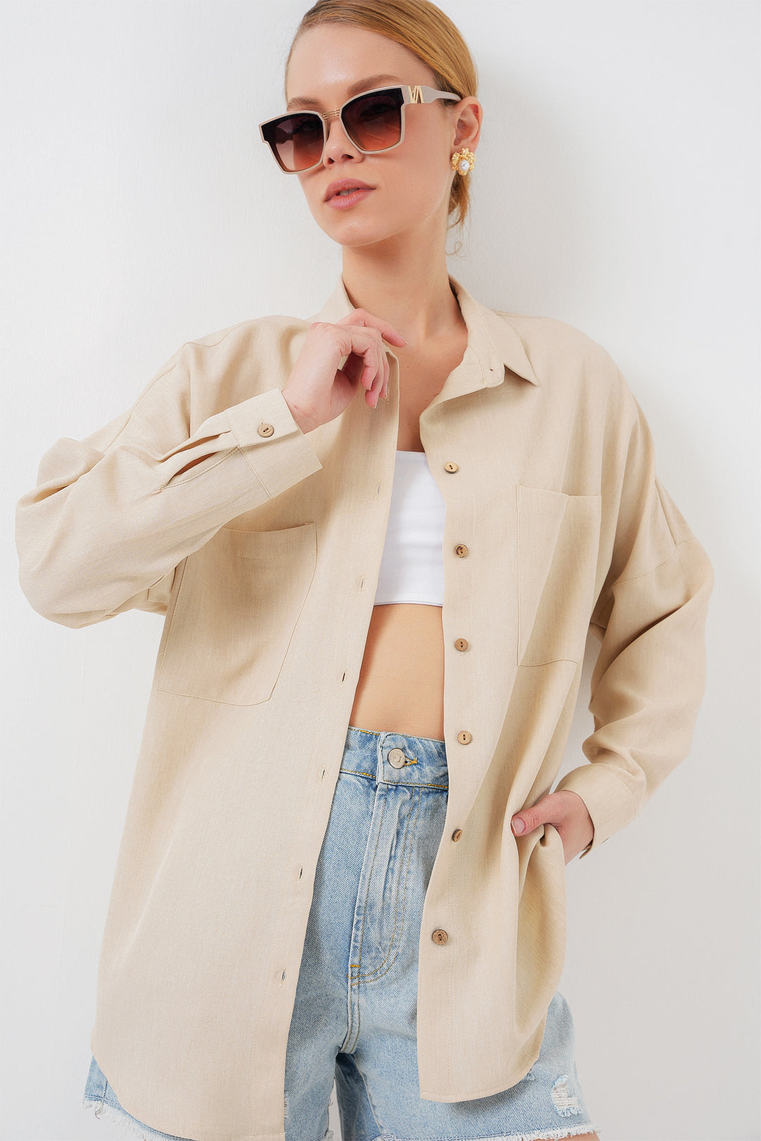 BGD Women Oversized Linen Shirt - Beige - Willenhall