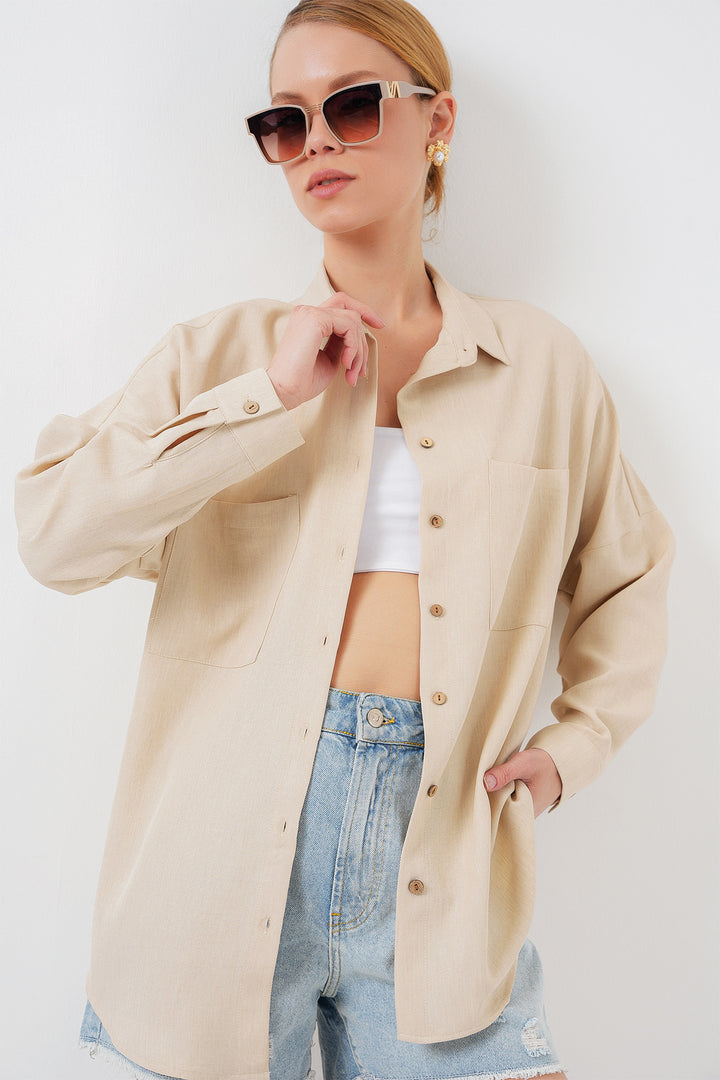 BGD Women Oversized Linen Shirt - Beige - Willenhall