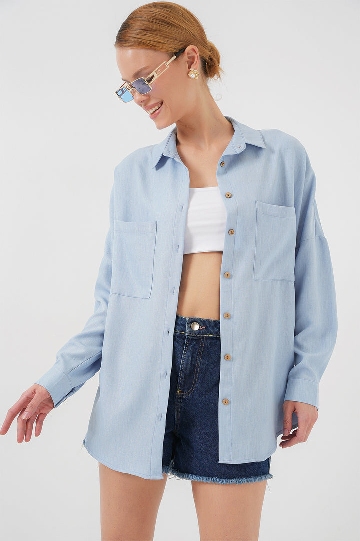 BGD Women Oversized Linen Shirt - Blue - Gateshead