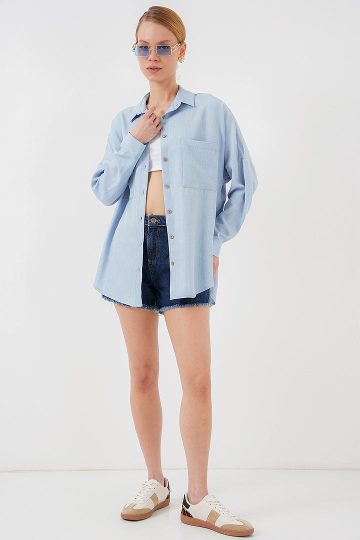 BGD Women Oversized Linen Shirt - Blue - Gateshead