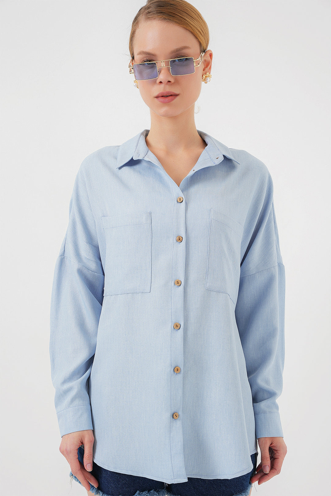 BGD Women Oversized Linen Shirt - Blue - Gateshead