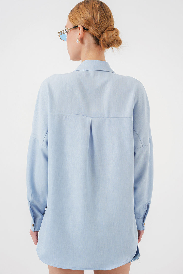 BGD Women Oversized Linen Shirt - Blue - Gateshead