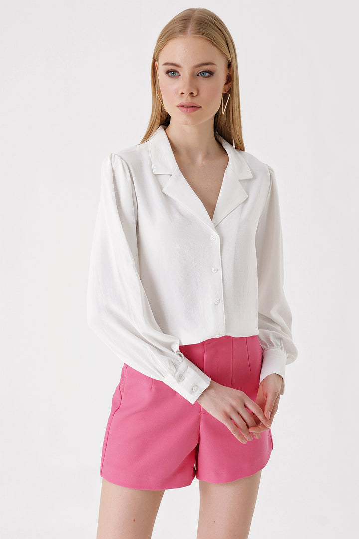 BGD Women Shawl Collar Woven Shirt - White - Pervomaisk