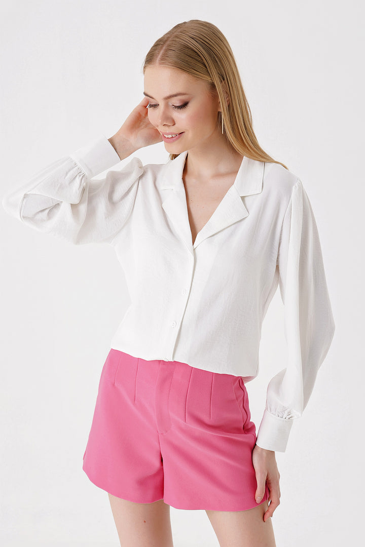 BGD Women Shawl Collar Woven Shirt - White - Pervomaisk