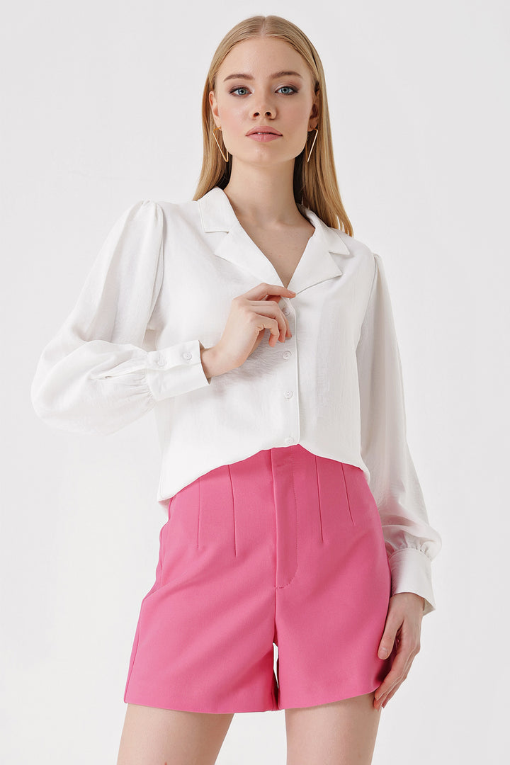 BGD Women Shawl Collar Woven Shirt - White - Pervomaisk