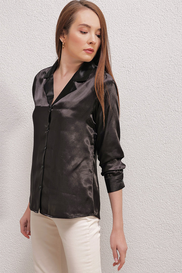BGD Women Wrap Neck Satin Shirt - Black - Avondale
